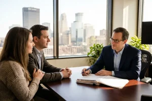 A Minneapolis birth injury lawyer meeting with parents to discuss a medical malpractice claim and child healthcare rights.