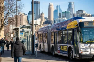 A public transit bus at a stop in downtown Minneapolis, representing legal services for bus accident victims and transit injury claims.