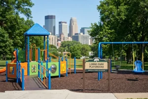 A well-maintained public playground in Minneapolis, highlighting safety standards and legal protections for children's injuries.