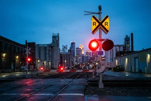 A railroad crossing signal with flashing red lights in Minneapolis, representing legal advocacy for train accident victims and rail safety.